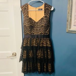 GUESS Mini Dress Black Lace over Nude with fitted waist